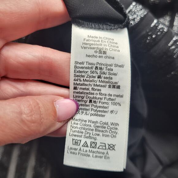 J.Crew Metallic Silk Blend Chiffon Mock Neck Top Black Stripe Tie Shirt Medium - Picture 9 of 9